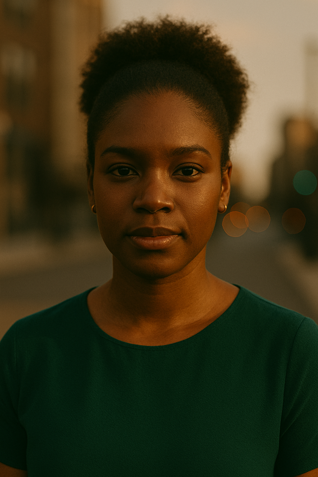 Image of a black woman in a ponytail with a rested facial expression and a green blouse.