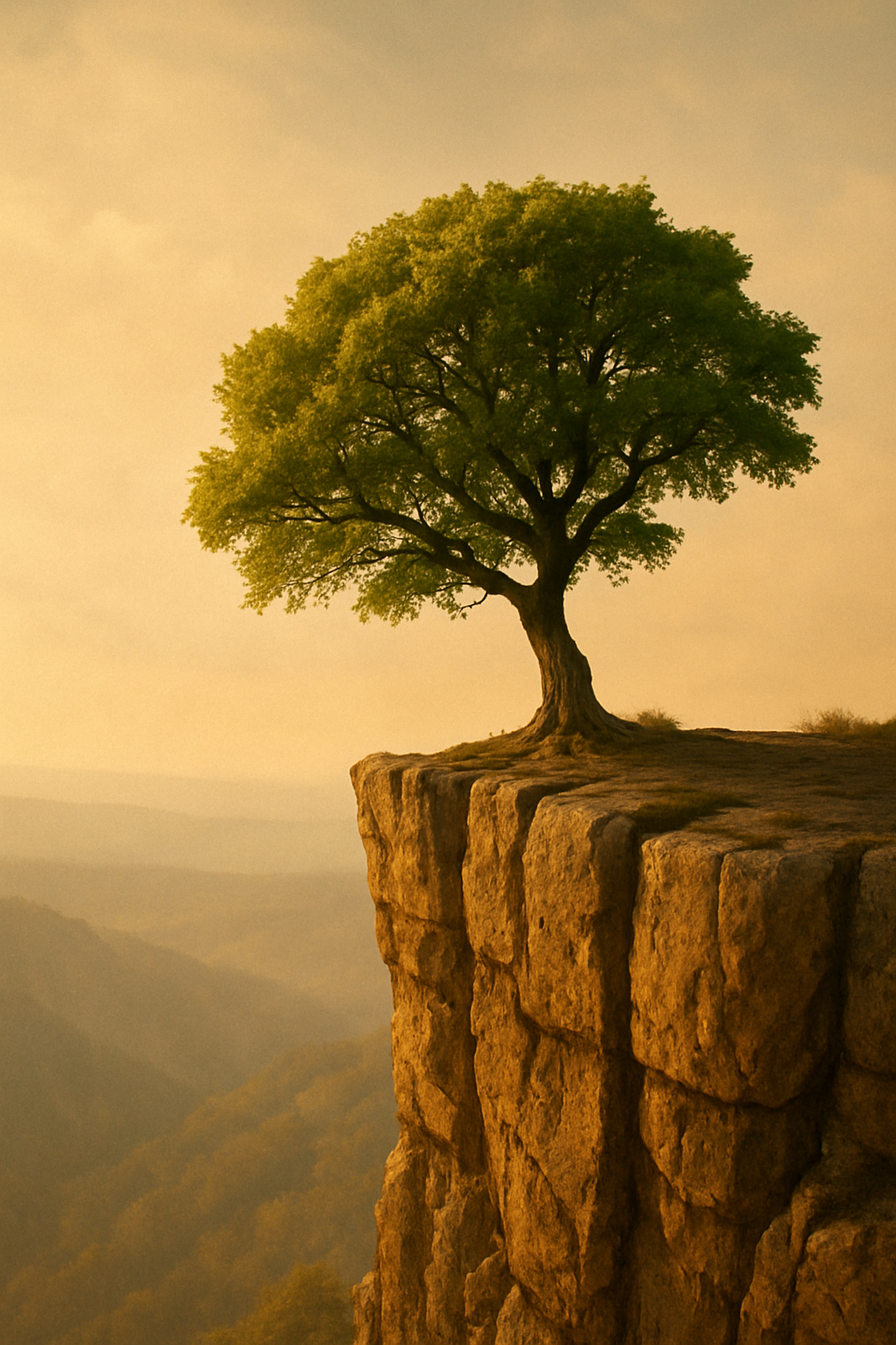 A Lone Tree Thriving on a Cliff Scene: A single tree growing strong and vibrant on the edge of a cliff, rooted in solid rock with no other trees around. Symbolism: Growth and strength without external support or validation.