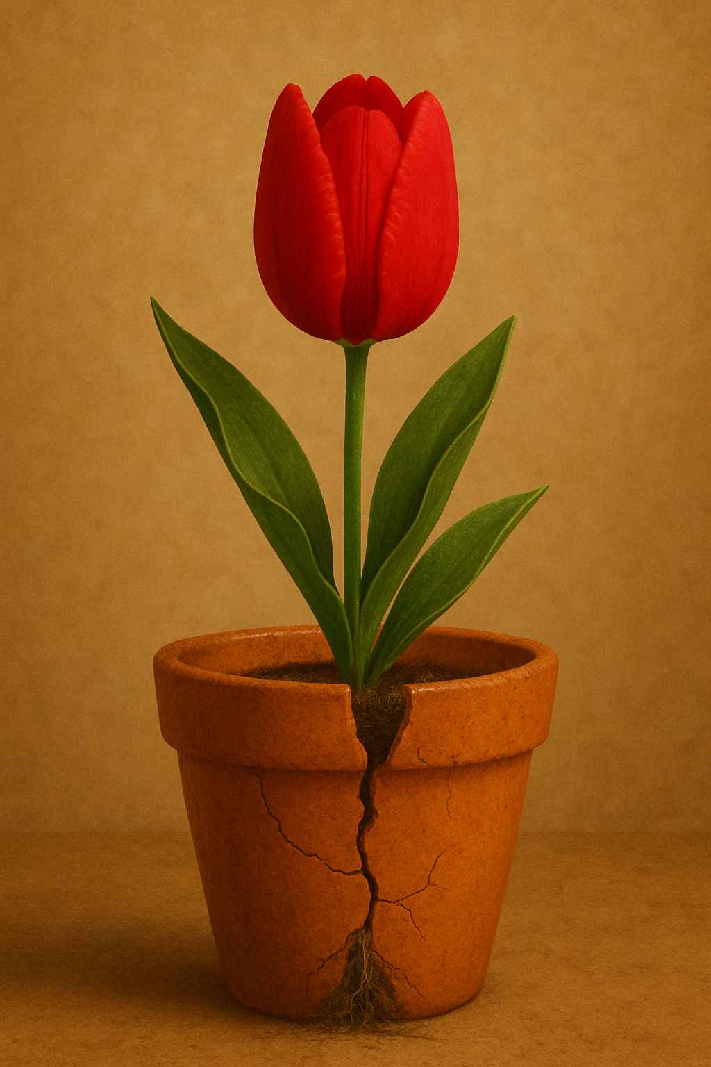 A Cracked Pot Growing a Beautiful red Tulip Scene: A red tulip thriving from a cracked clay pot with soft lighting and visible roots. Symbolism: Even with imperfections, life and growth continue—worth isn’t delayed.